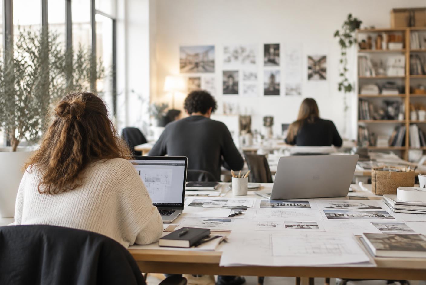 A bright studio workspace with people at a shared table reviewing printed diagrams and working on laptops