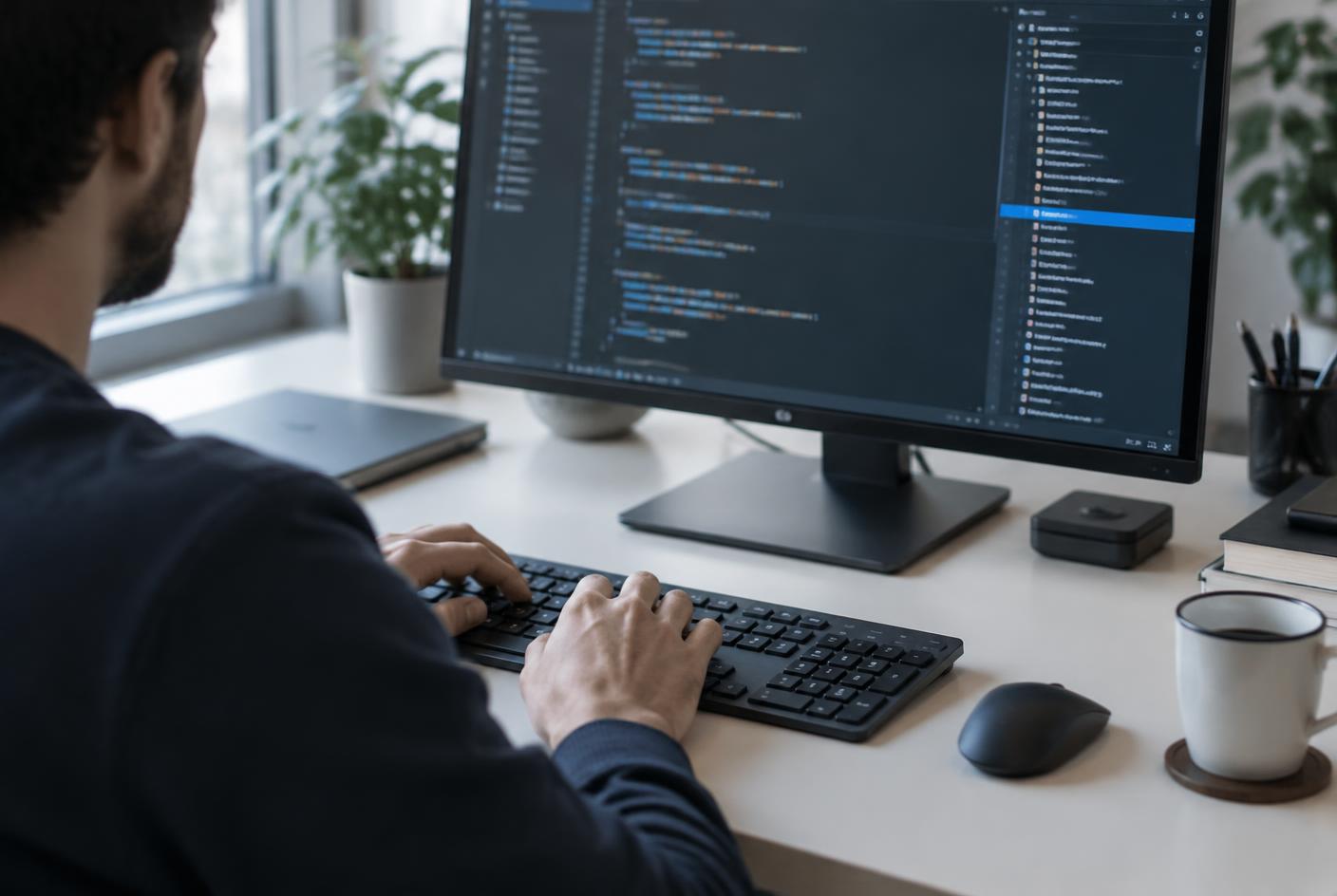 Close-up of source code displayed on a monitor in a daylit workspace