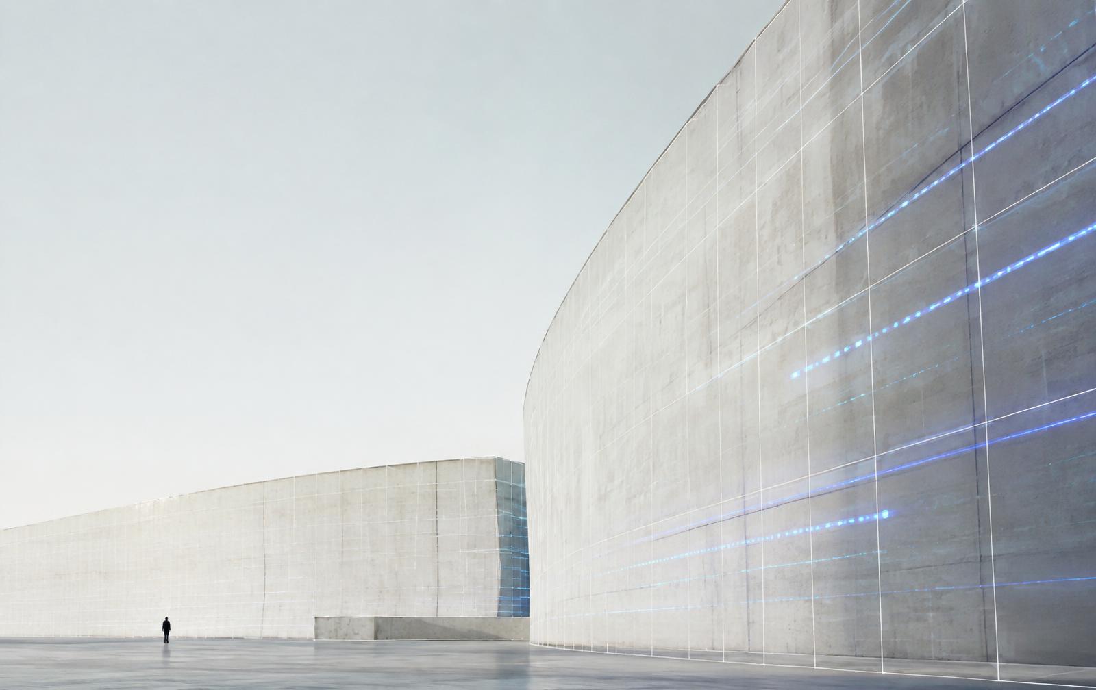 Abstract architectural surfaces with fine grid lines and blue light traces representing layered digital systems