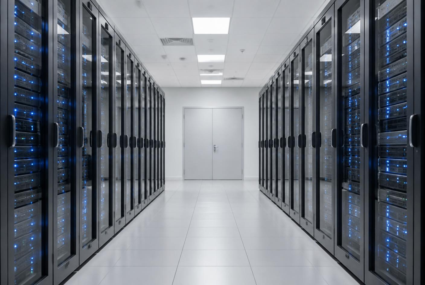 Server racks with blue indicator lights lining a clean data centre aisle